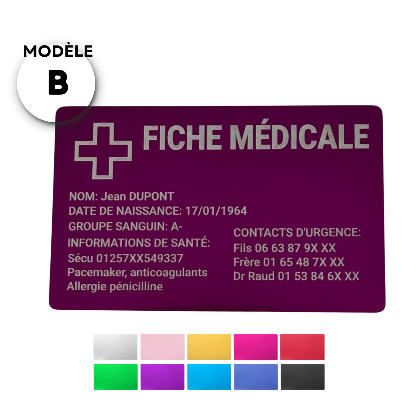 Carte médicale personnalisée – Aluminium (format carte de crédit)