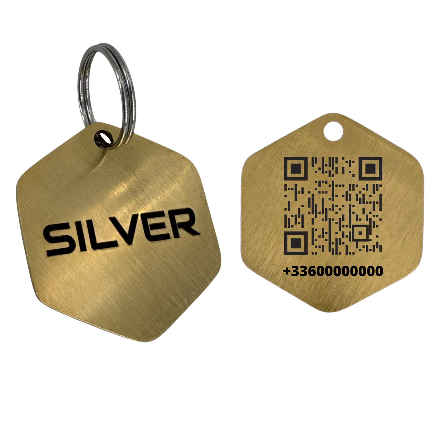 QR Code medal large hexagon in brass 32mm