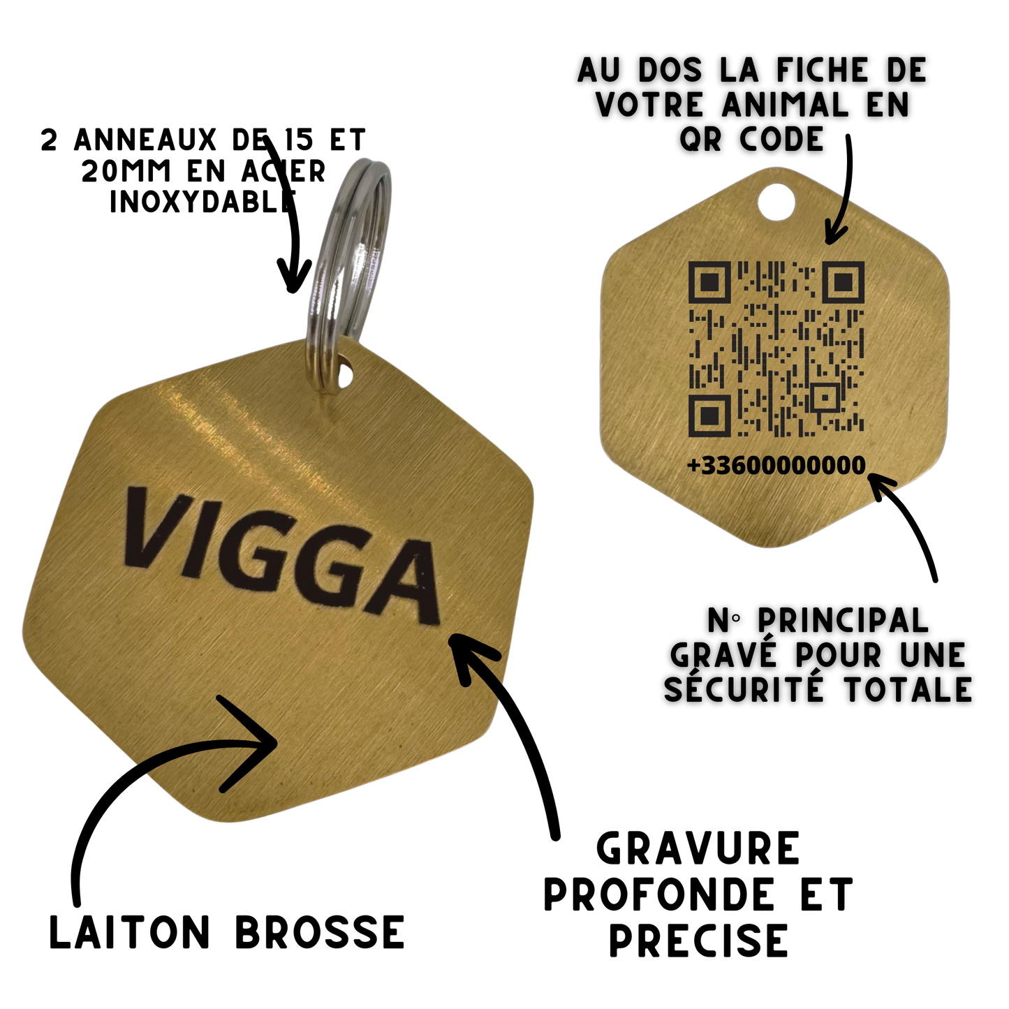 QR Code medal large hexagon in brass 32mm