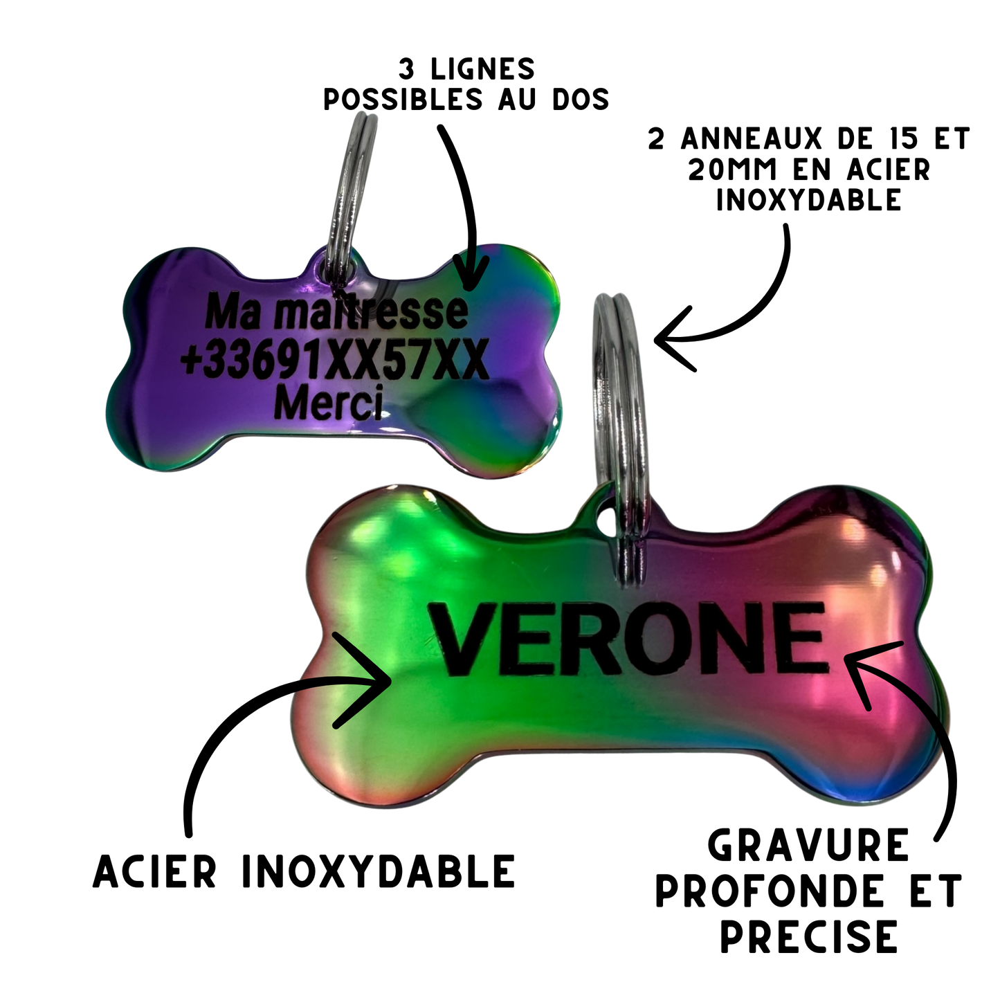 Médaille grand os en acier inoxydable irisé