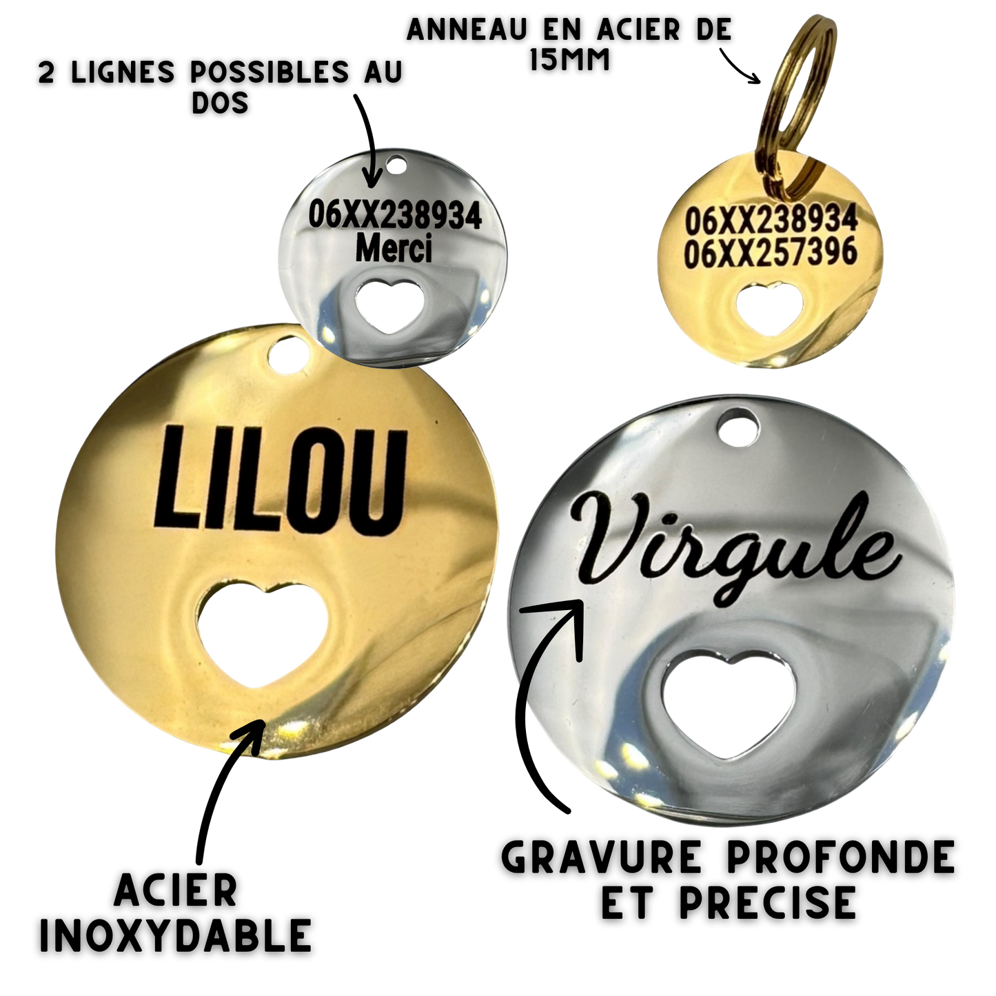 UNIKTAG - Round Mini Heart Stainless Steel Dog and Cat Tag - Customizable, Discreet and Elegant | Luxury and Originality