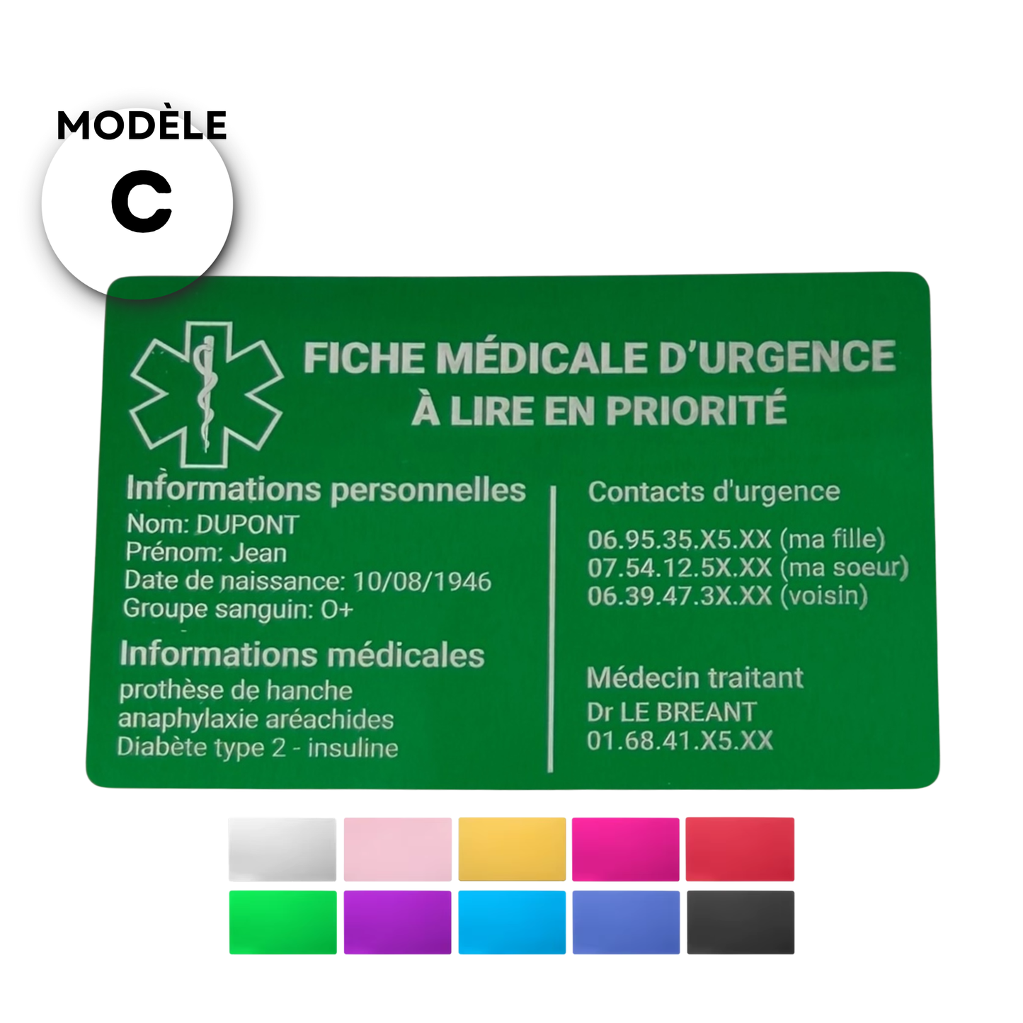 Carte médicale personnalisée – Aluminium (format carte de crédit)