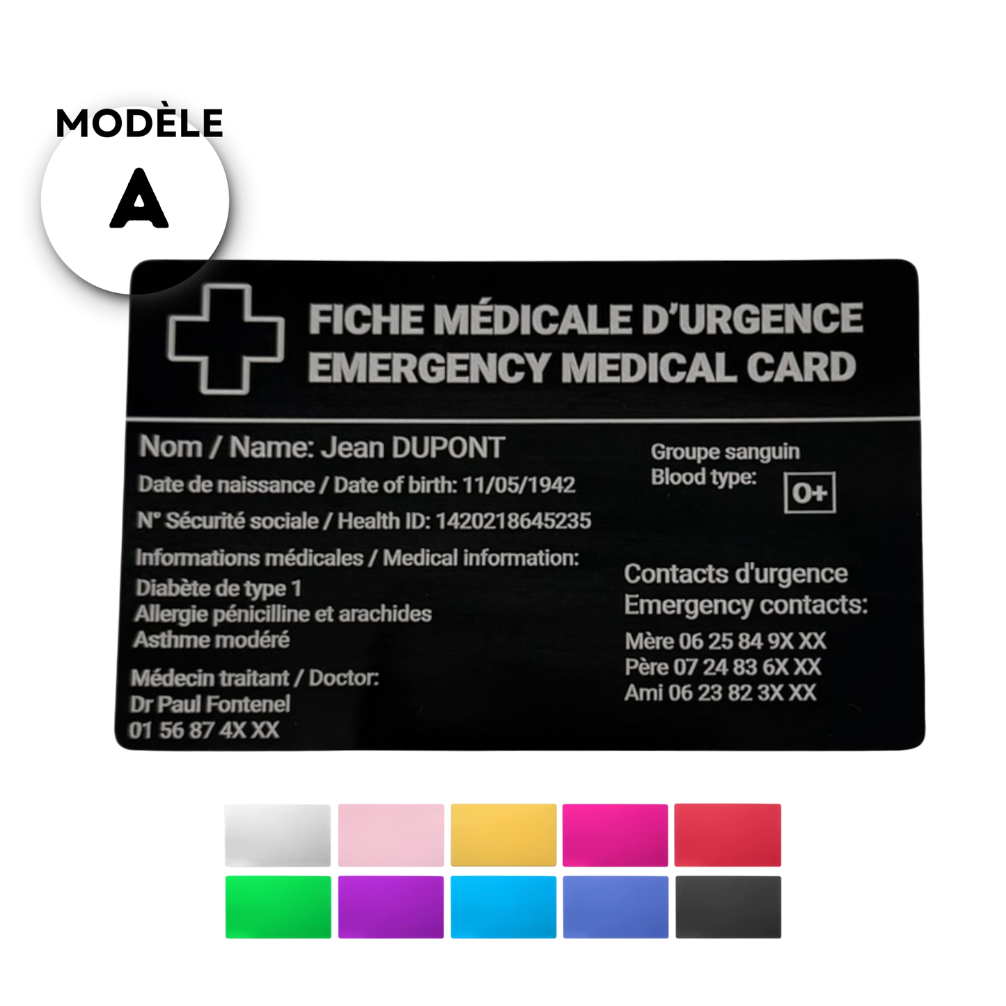 Carte médicale personnalisée – Aluminium (format carte de crédit)
