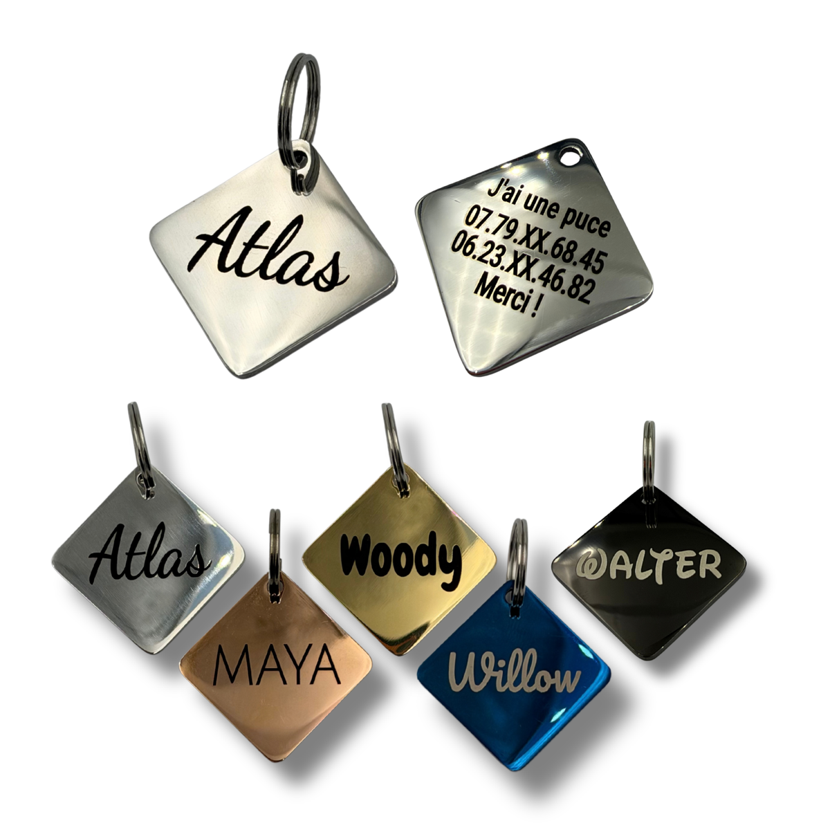 Médaille carrée personnalisée pour chien en acier inoxydable