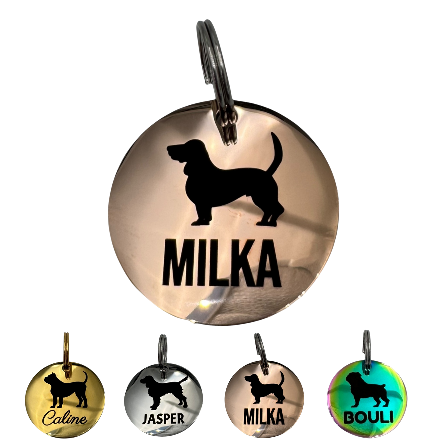 Médaille silhouette de chien en acier