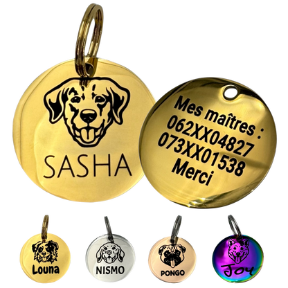Vue de face de la médaille tête de chien acier