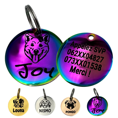 Médaille tête de chien acier avec gravure prénom
