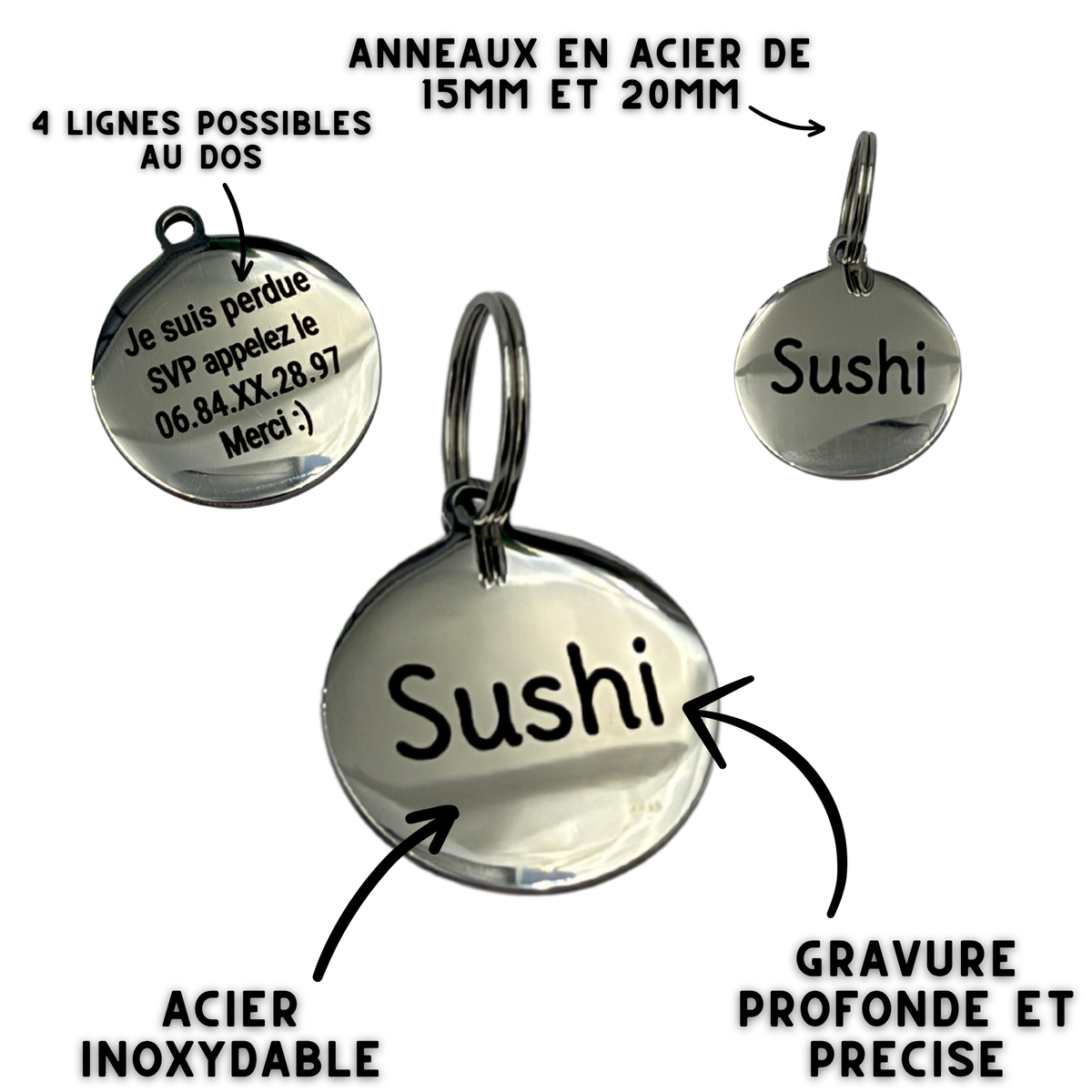 Médaille ronde personnalisée pour chien et chat en acier inoxydable