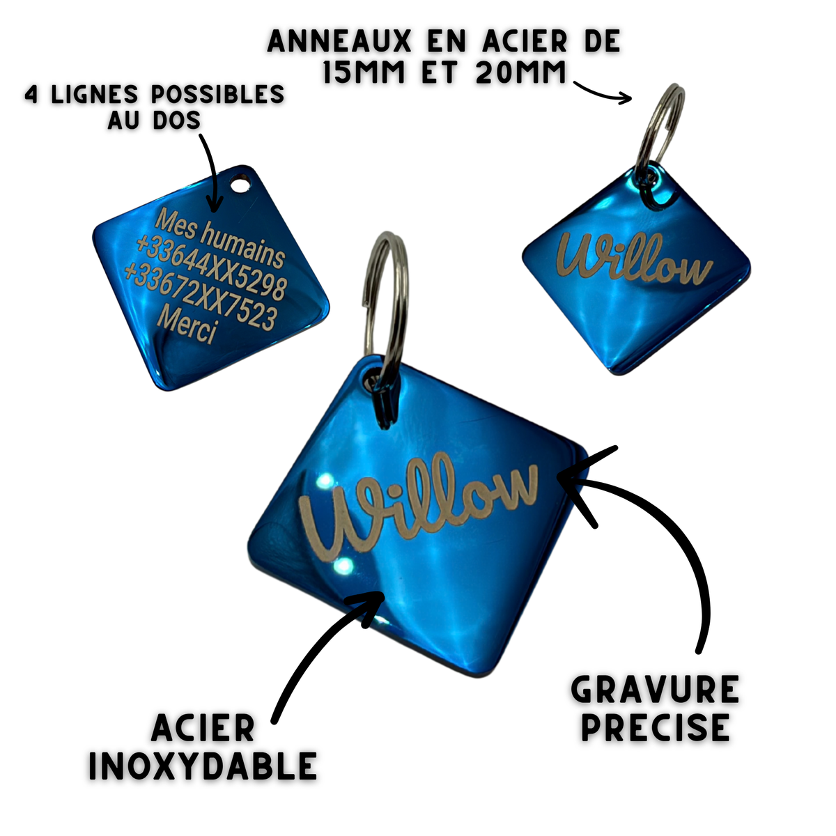 Médaille carrée personnalisée pour chien en acier inoxydable