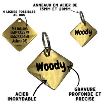 Médaille carrée personnalisée pour chien en acier inoxydable