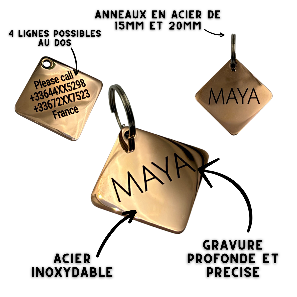 Médaille carrée personnalisée pour chien en acier inoxydable
