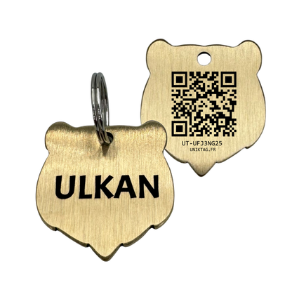 Hunde-Bärenkopf-Plakette aus Messing mit QR-Code