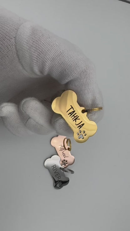 Médaille Os avec Empreinte de Patte en Acier Inoxydable Personnalisée pour Chien
